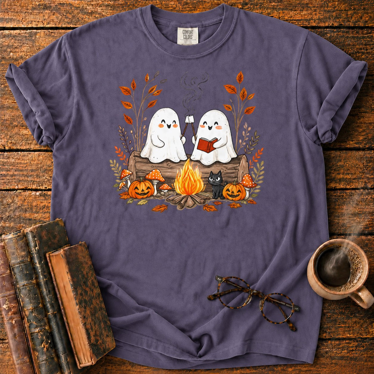 Cozy Ghost Campfire Gathering T-Shirt in Grape – BooksThreads