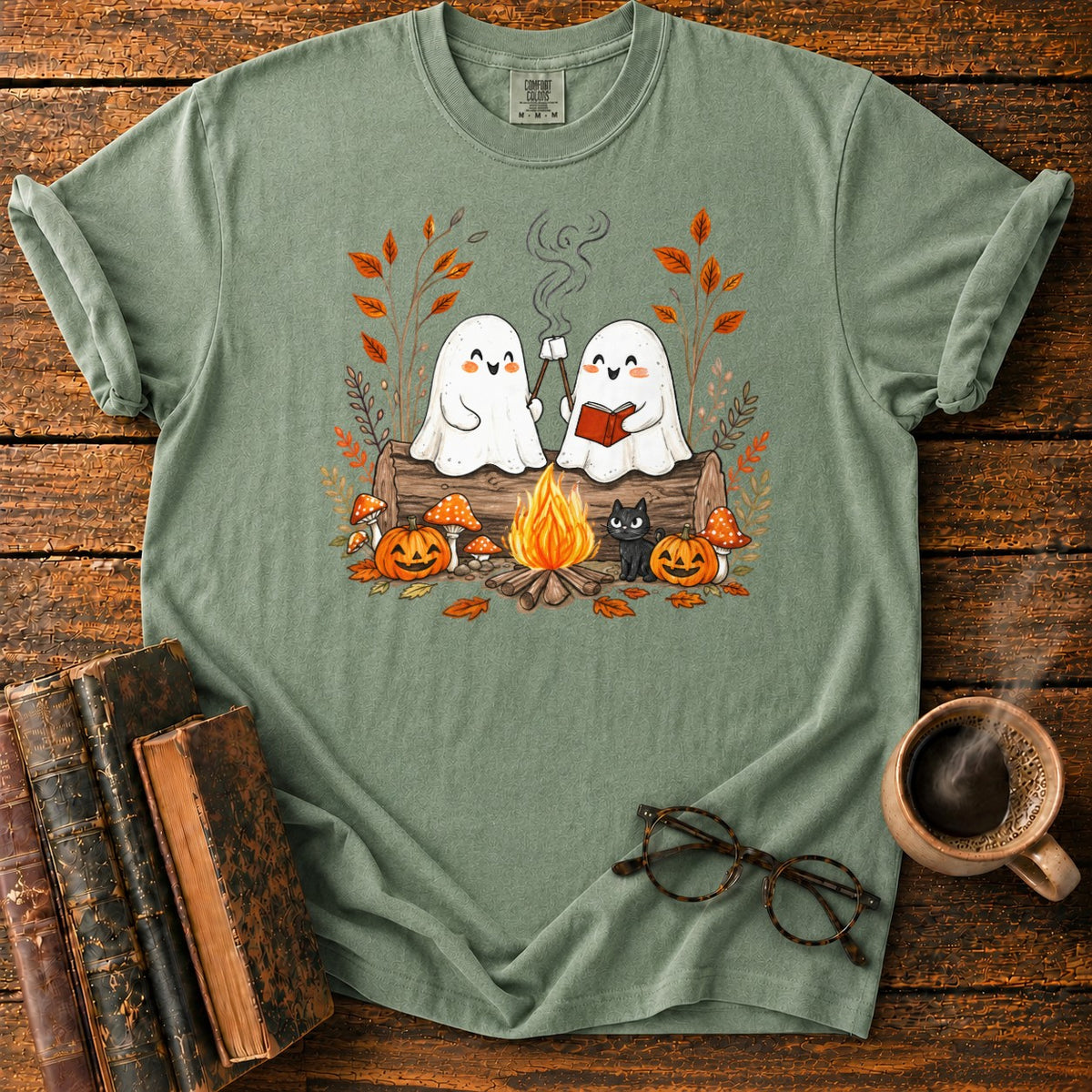 Cozy Ghost Campfire Gathering T-Shirt in Moss – BooksThreads