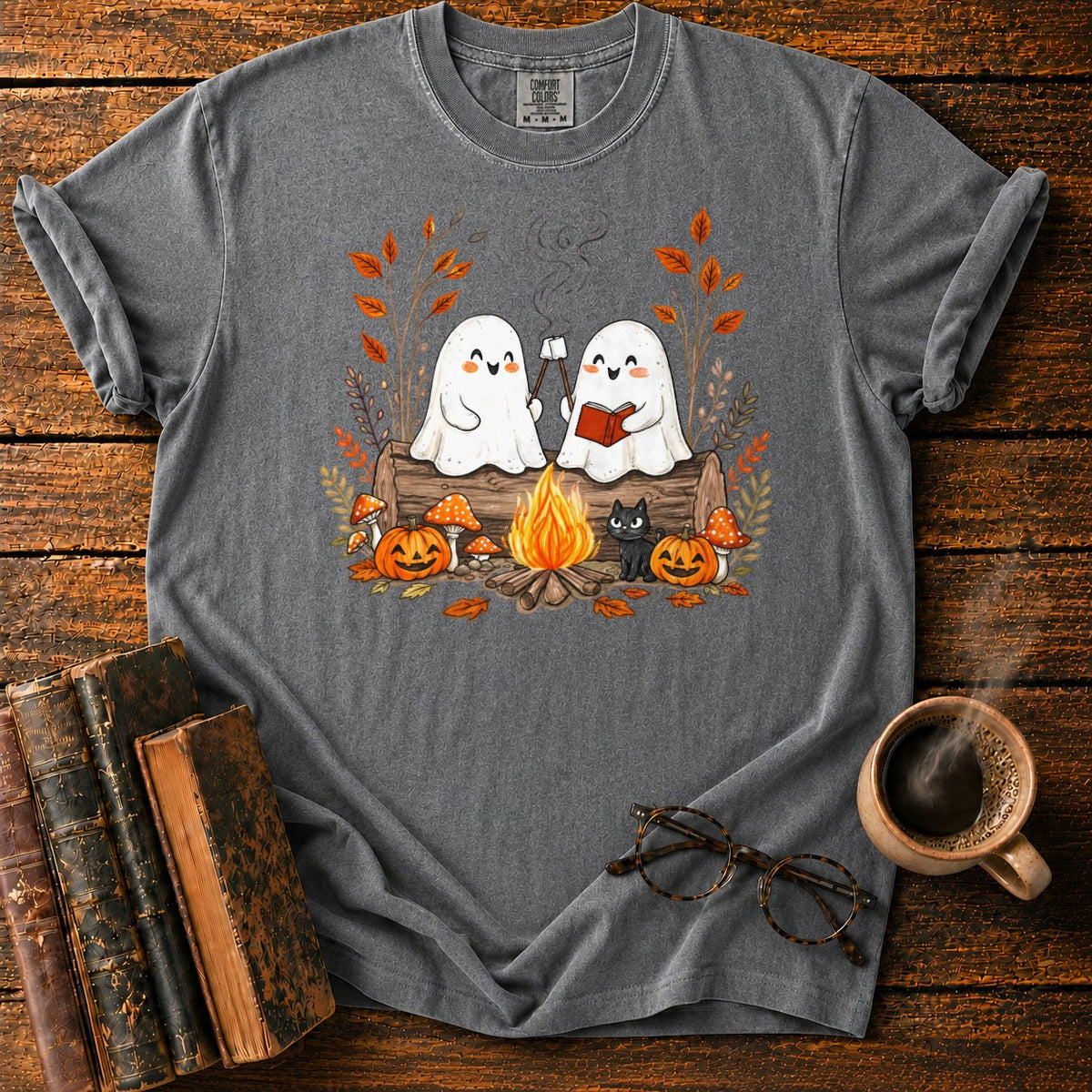 Cozy Ghost Campfire Gathering T-Shirt in Pepper – BooksThreads