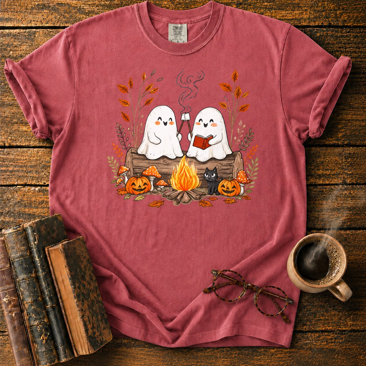Cozy Ghost Campfire Gathering T-Shirt in Watermelon – BooksThreads