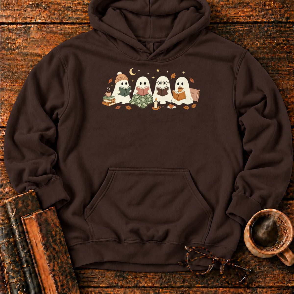 Cozy Ghosts Reading By Moonlight Hoodie in Dark Chocolate – BooksThreads