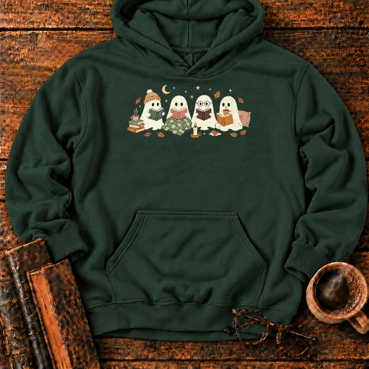 Cozy Ghosts Reading By Moonlight Hoodie in Forest Green – BooksThreads