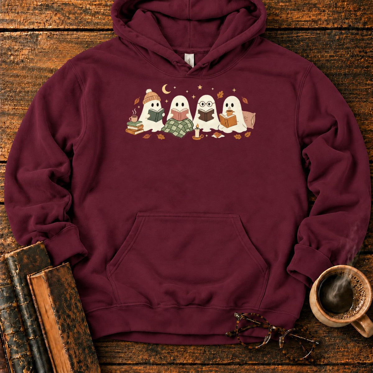 Cozy Ghosts Reading By Moonlight Hoodie in Maroon – BooksThreads