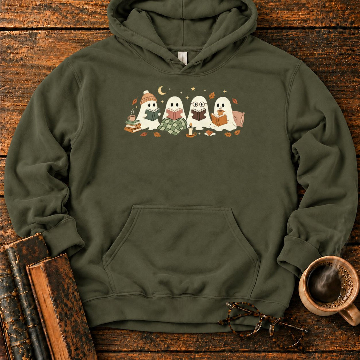 Cozy Ghosts Reading By Moonlight Hoodie in Military Green – BooksThreads