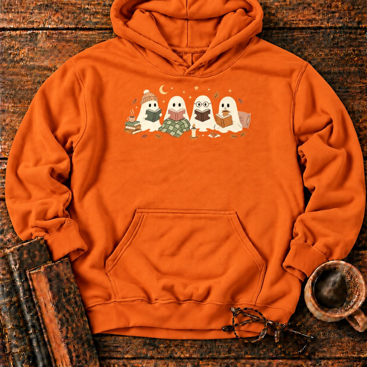 Cozy Ghosts Reading By Moonlight Hoodie in Orange – BooksThreads