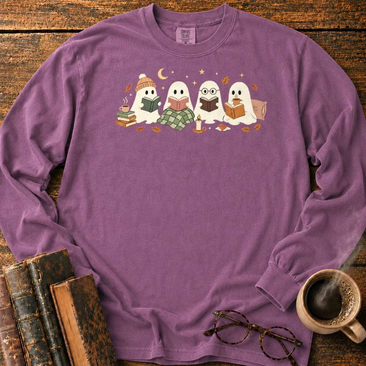 Cozy Ghosts Reading By Moonlight LS T-Shirt in Berry – BooksThreads