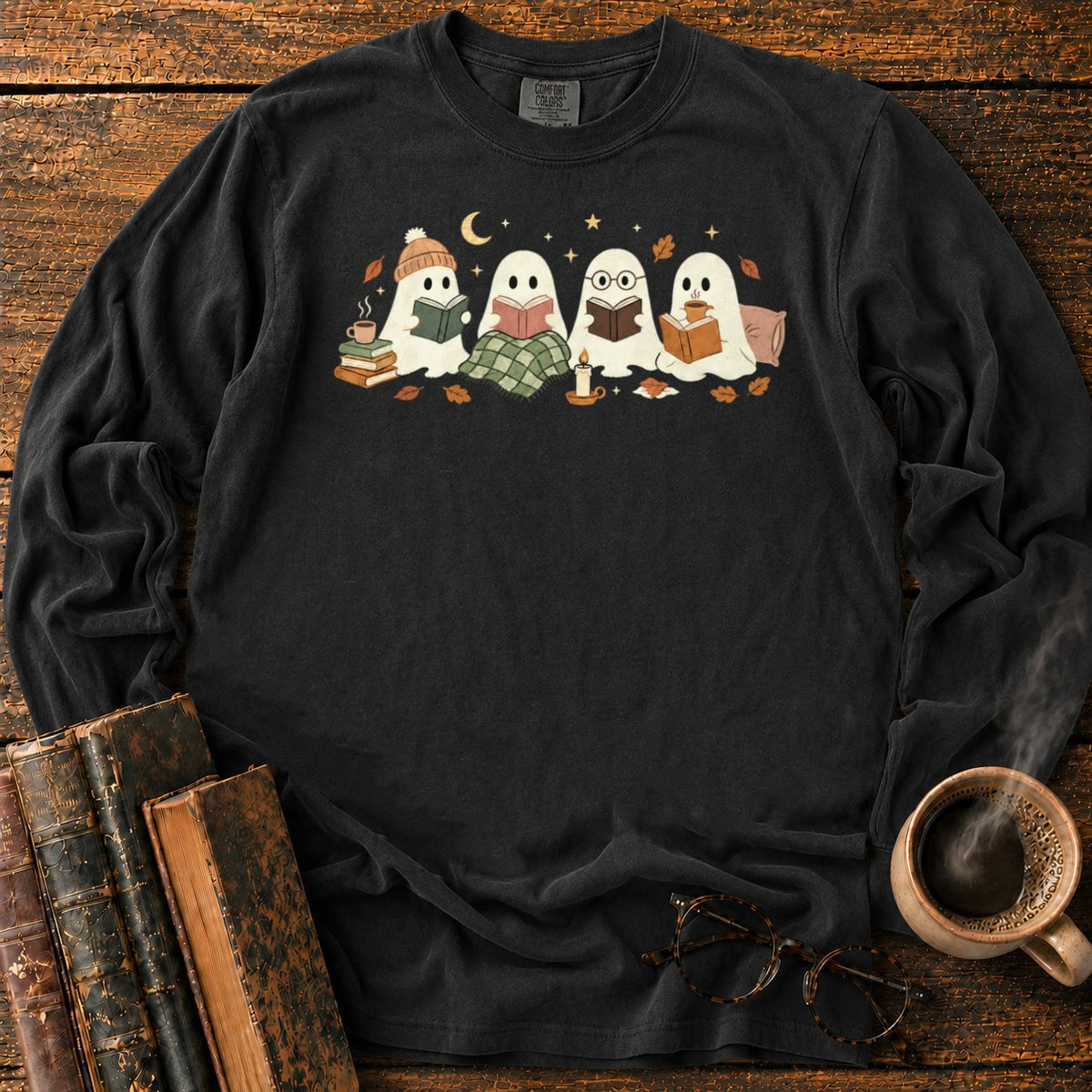 Cozy Ghosts Reading By Moonlight LS T-Shirt in Black – BooksThreads