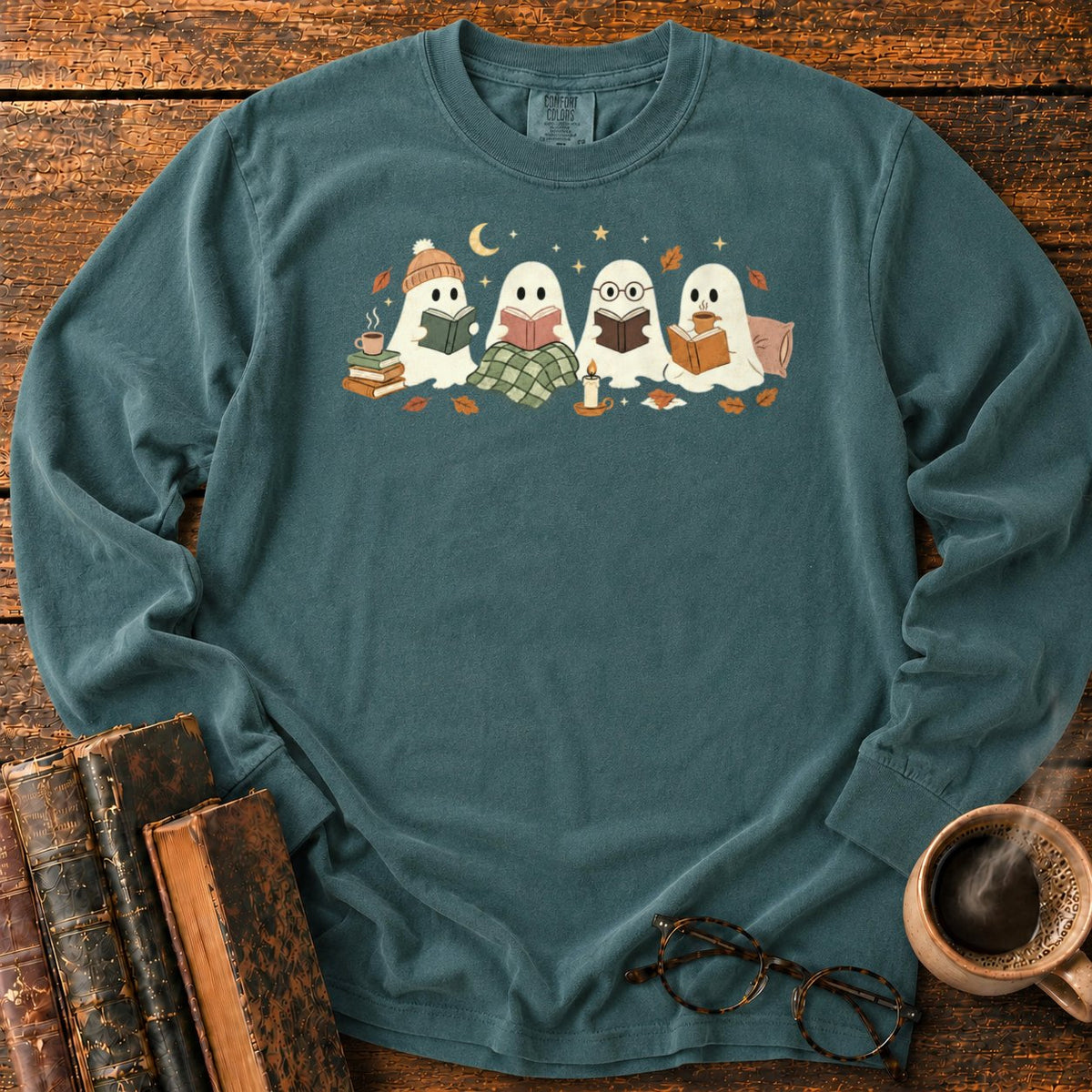 Cozy Ghosts Reading By Moonlight LS T-Shirt in Blue Spruce – BooksThreads