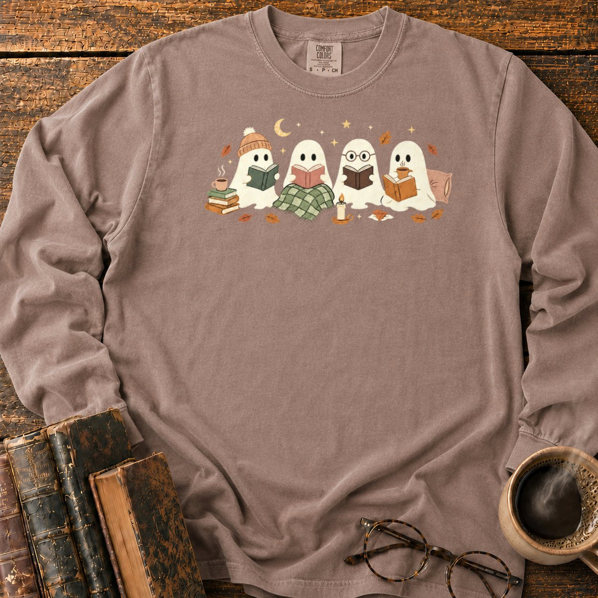 Cozy Ghosts Reading By Moonlight LS T-Shirt in Espresso – BooksThreads
