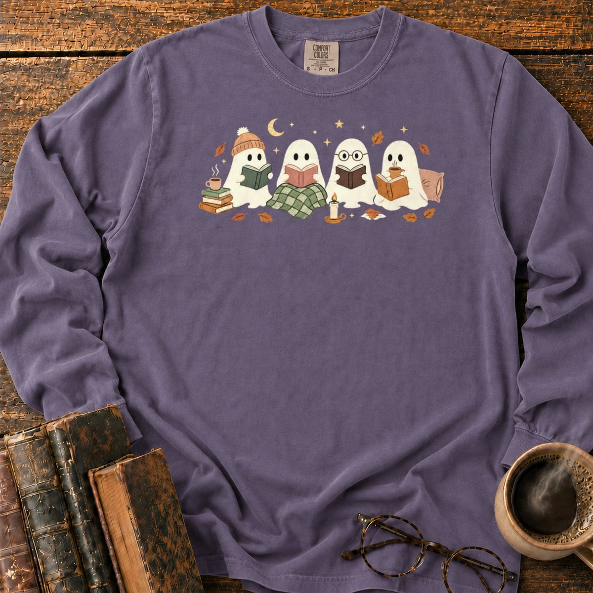 Cozy Ghosts Reading By Moonlight LS T-Shirt in Grape – BooksThreads