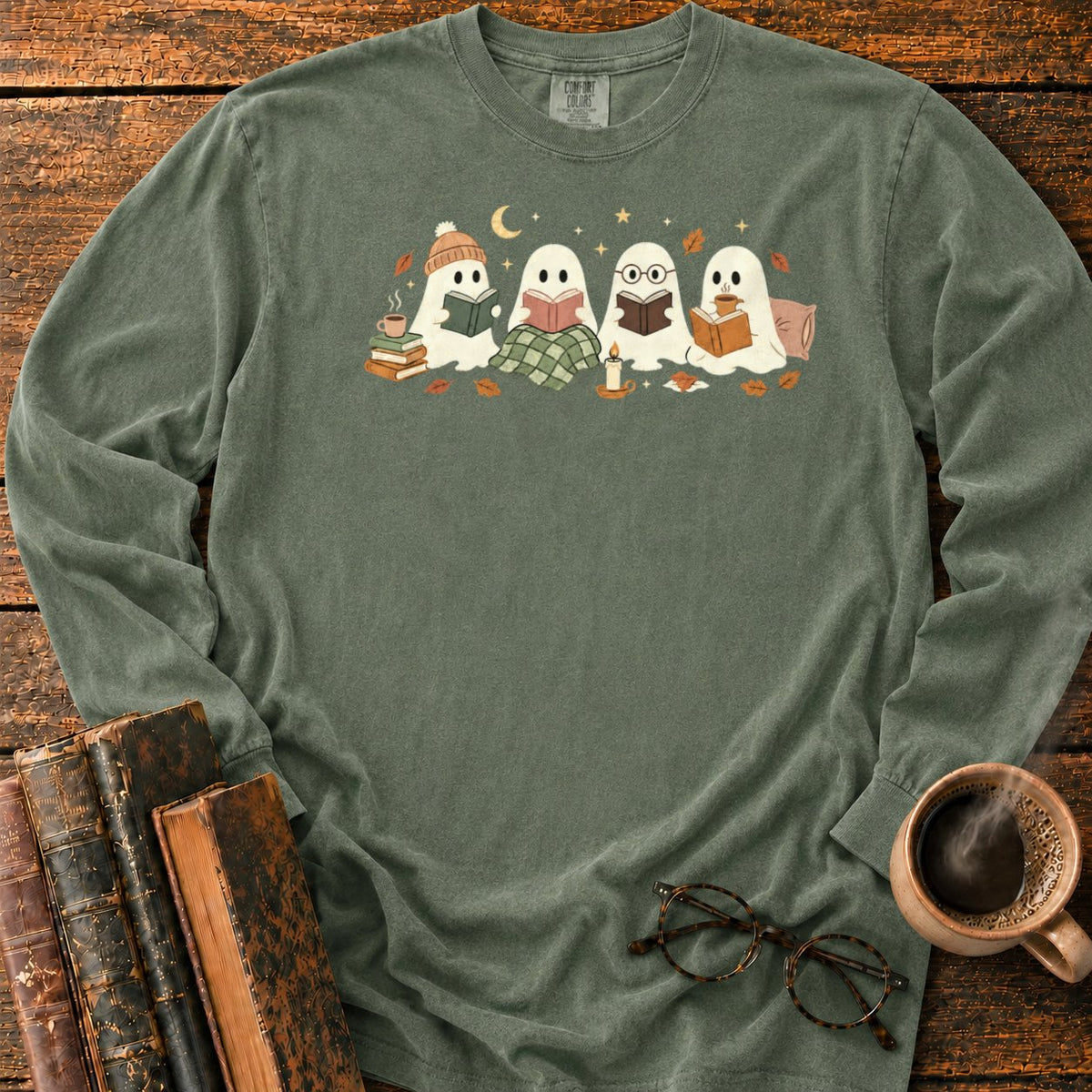 Cozy Ghosts Reading By Moonlight LS T-Shirt in Hemp – BooksThreads