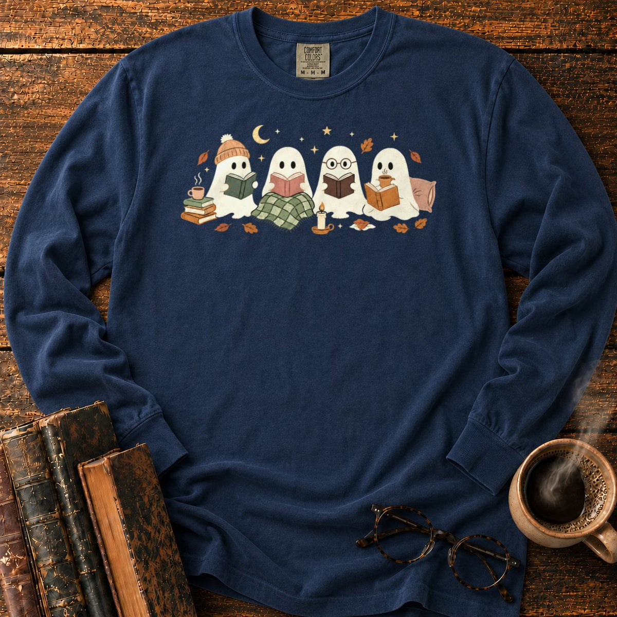 Cozy Ghosts Reading By Moonlight LS T-Shirt in Midnight – BooksThreads