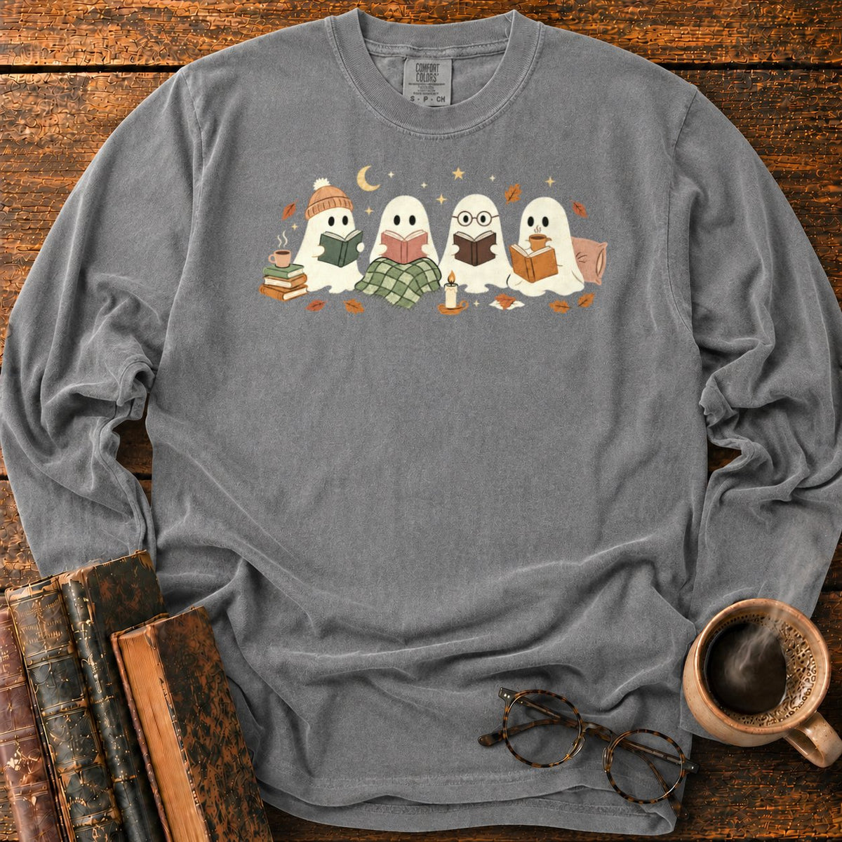 Cozy Ghosts Reading By Moonlight LS T-Shirt in Pepper – BooksThreads
