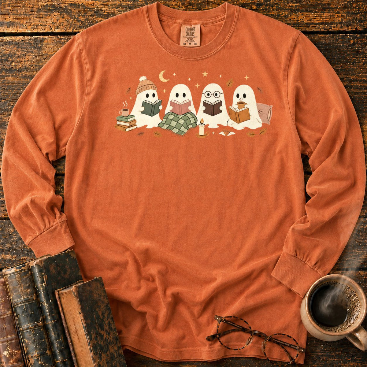 Cozy Ghosts Reading By Moonlight LS T-Shirt in Yam – BooksThreads