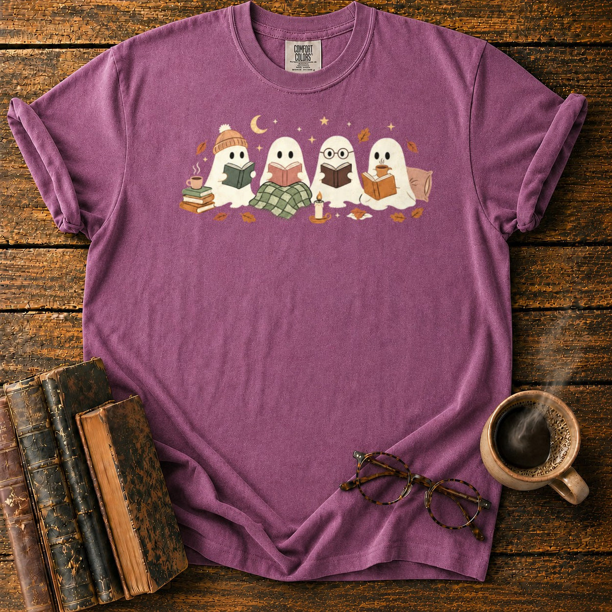 Cozy Ghosts Reading By Moonlight T-Shirt in Berry – BooksThreads