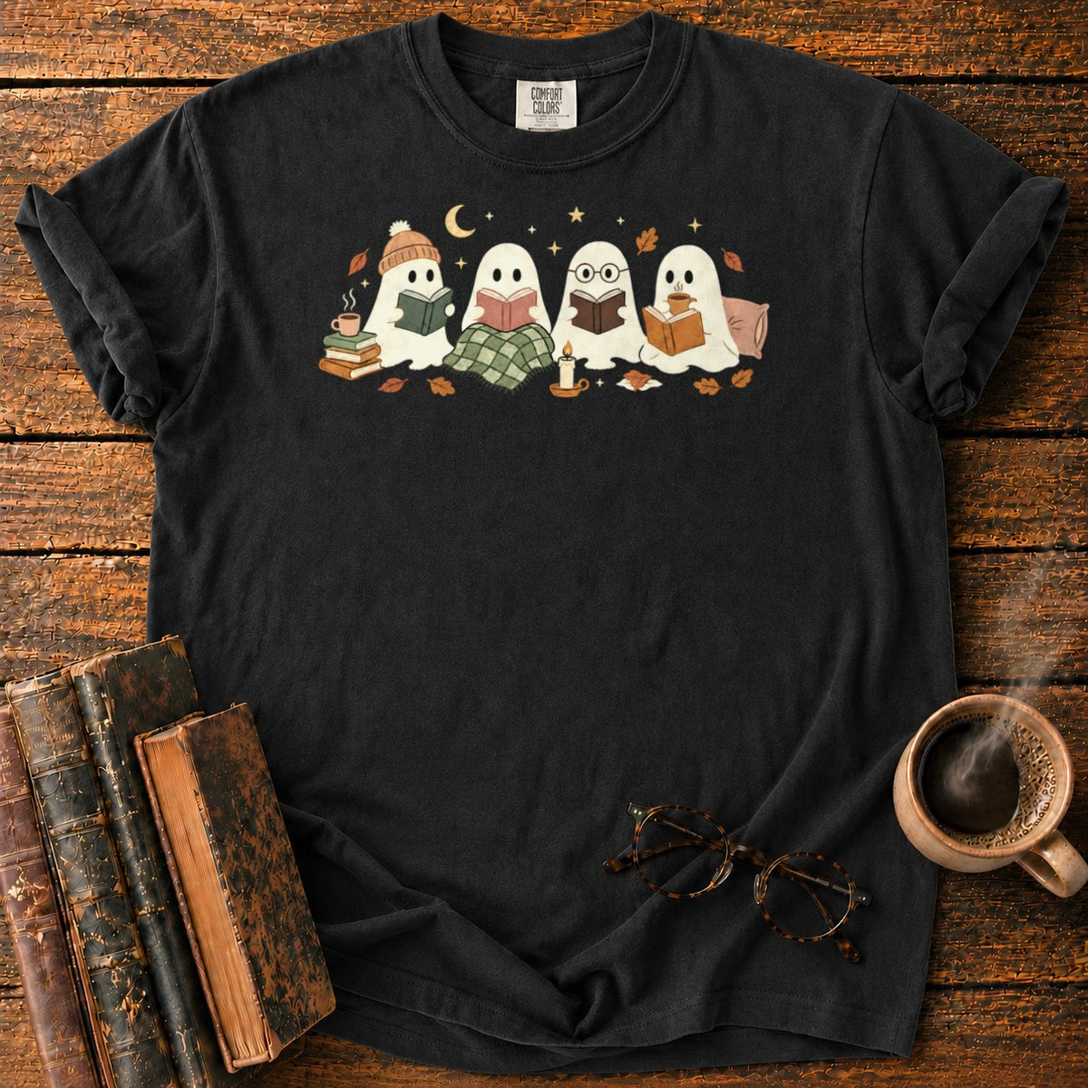 Cozy Ghosts Reading By Moonlight T-Shirt in Black – BooksThreads