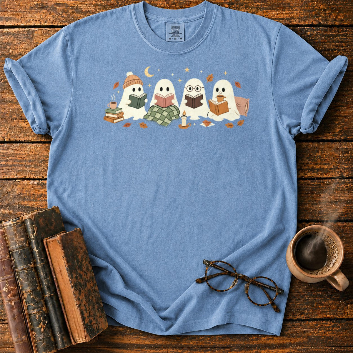 Cozy Ghosts Reading By Moonlight T-Shirt in Blue Jean – BooksThreads