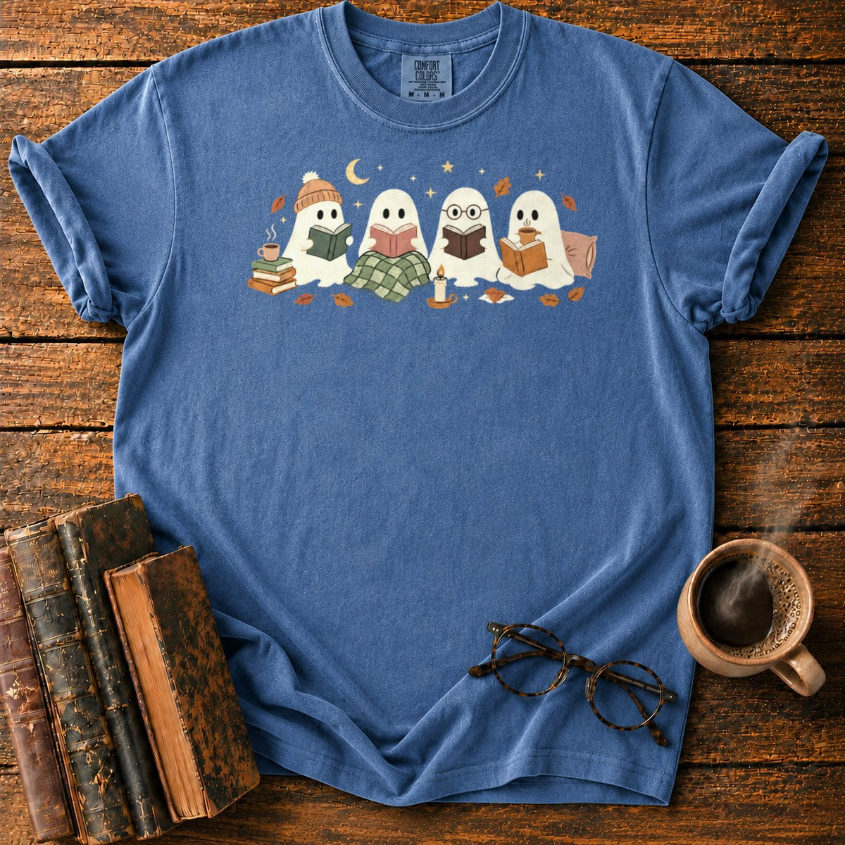 Cozy Ghosts Reading By Moonlight T-Shirt in Denim – BooksThreads