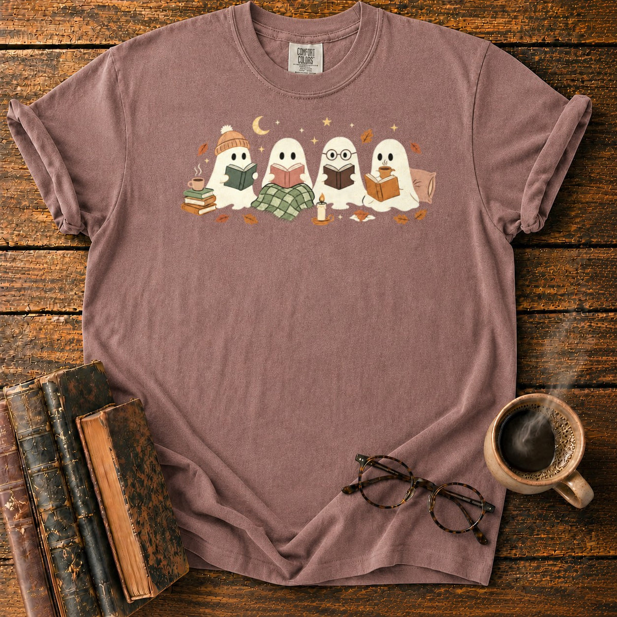 Cozy Ghosts Reading By Moonlight T-Shirt in Espresso – BooksThreads