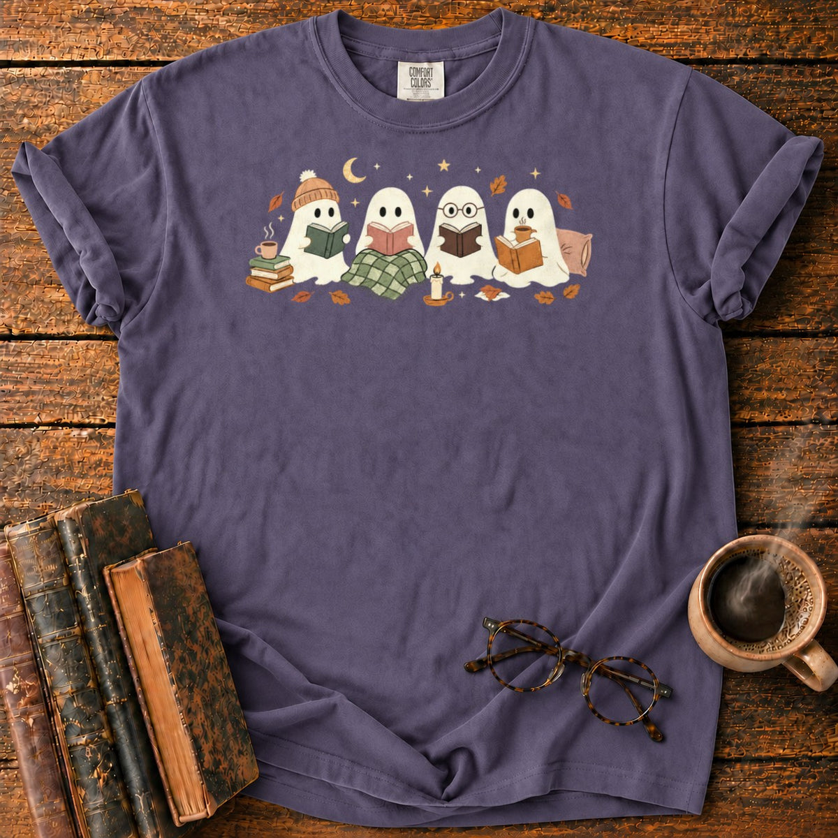Cozy Ghosts Reading By Moonlight T-Shirt in Grape – BooksThreads
