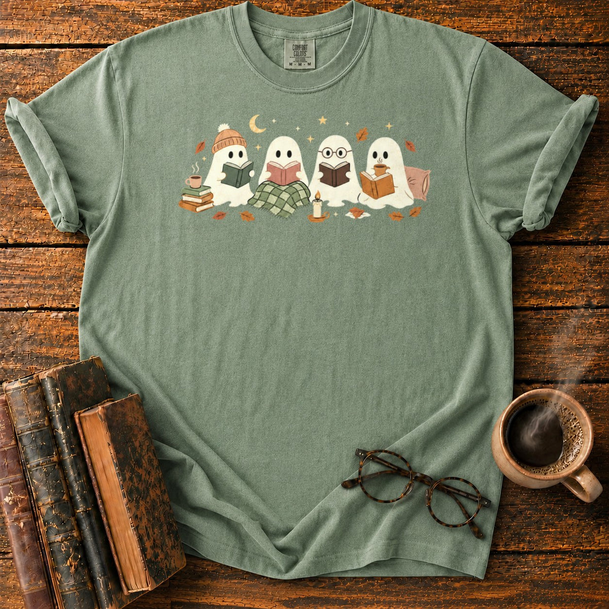 Cozy Ghosts Reading By Moonlight T-Shirt in Moss – BooksThreads