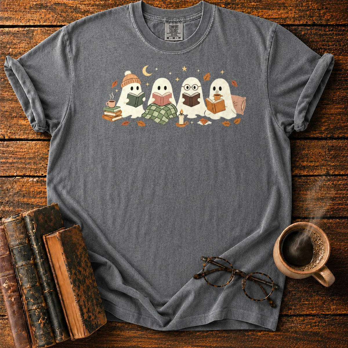 Cozy Ghosts Reading By Moonlight T-Shirt in Pepper – BooksThreads