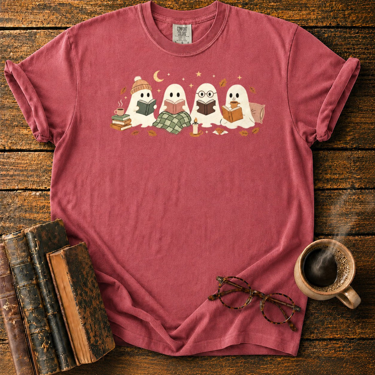 Cozy Ghosts Reading By Moonlight T-Shirt in Watermelon – BooksThreads