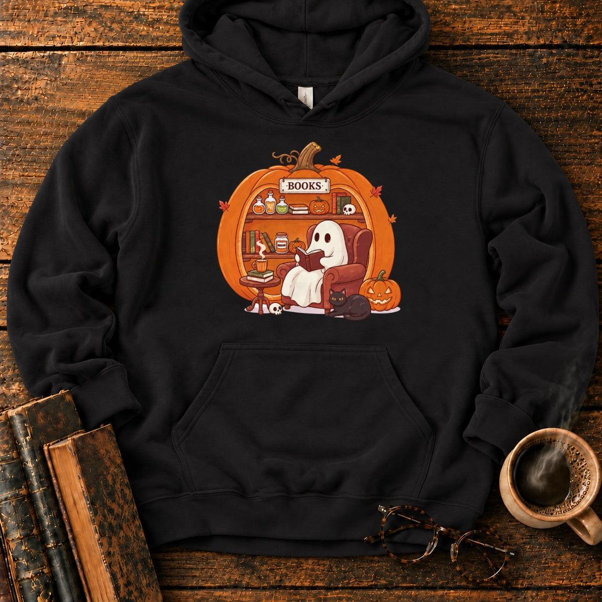 Cozy Pumpkin Library With Ghost And Cat Hoodie in Black – BooksThreads