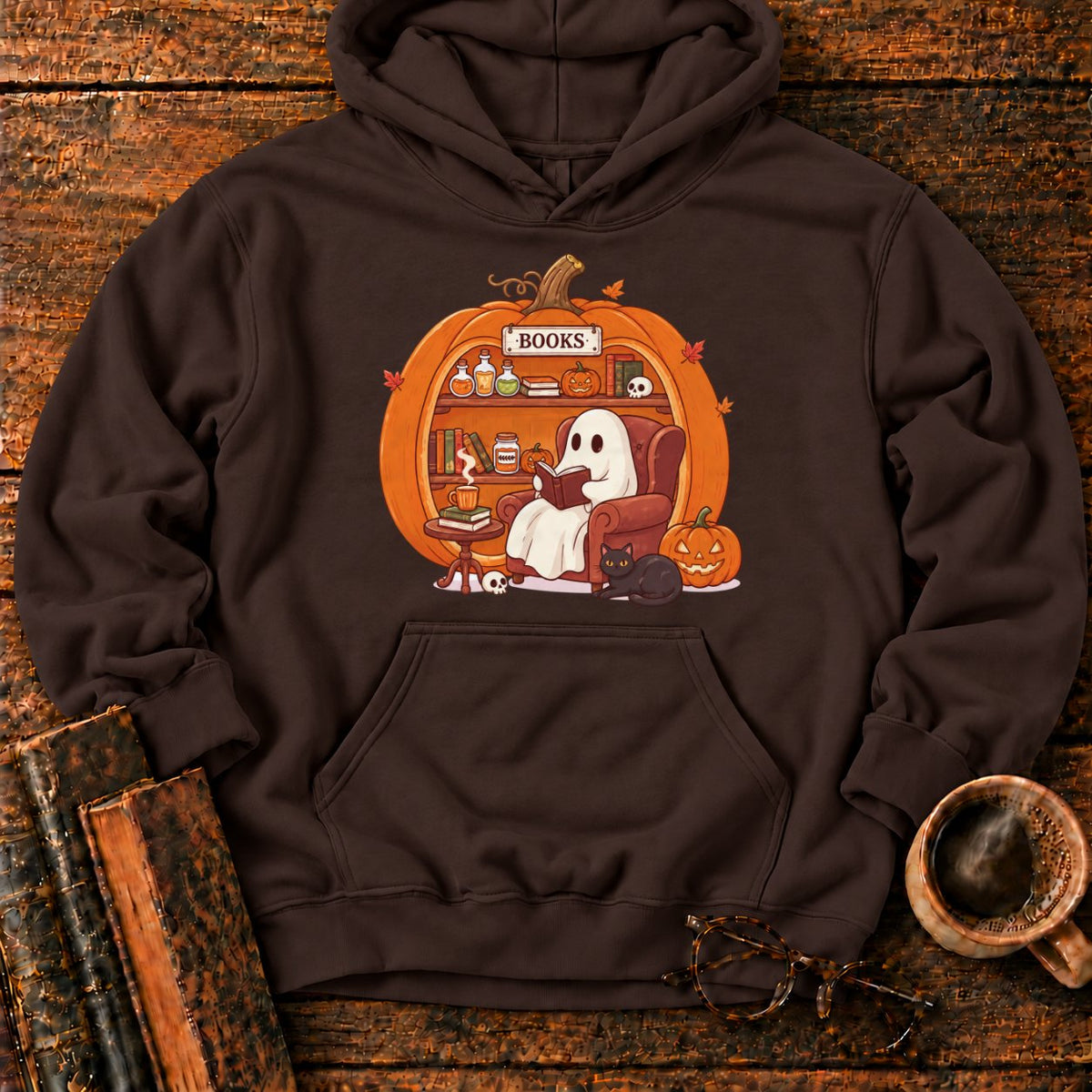 Cozy Pumpkin Library With Ghost And Cat Hoodie in Dark Chocolate – BooksThreads