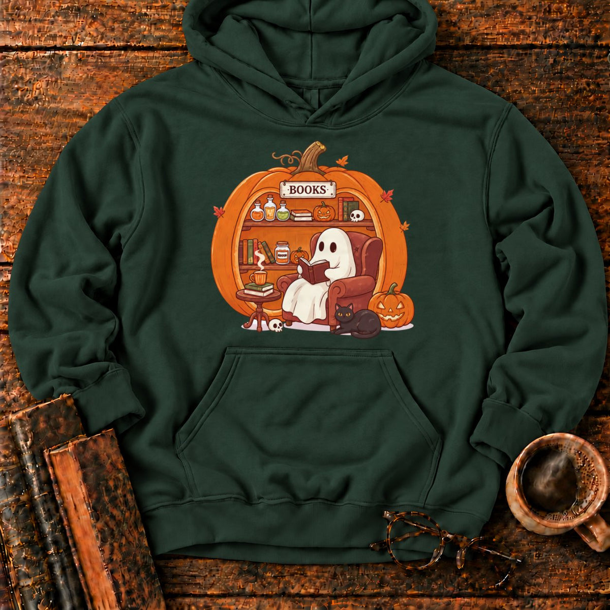 Cozy Pumpkin Library With Ghost And Cat Hoodie in Forest Green – BooksThreads