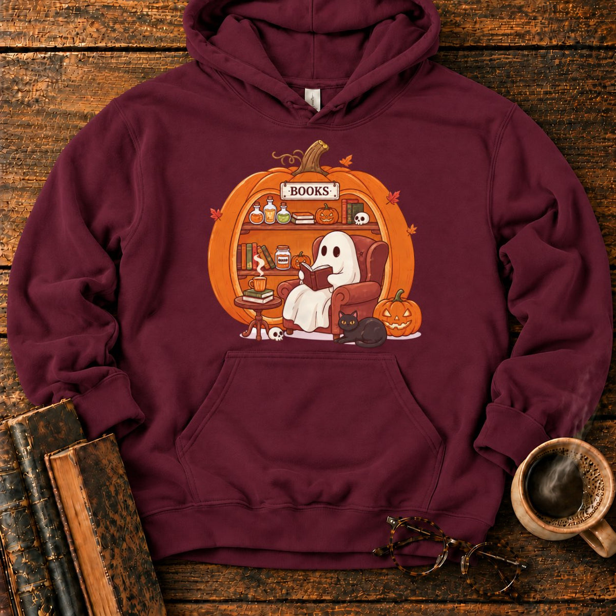 Cozy Pumpkin Library With Ghost And Cat Hoodie in Maroon – BooksThreads