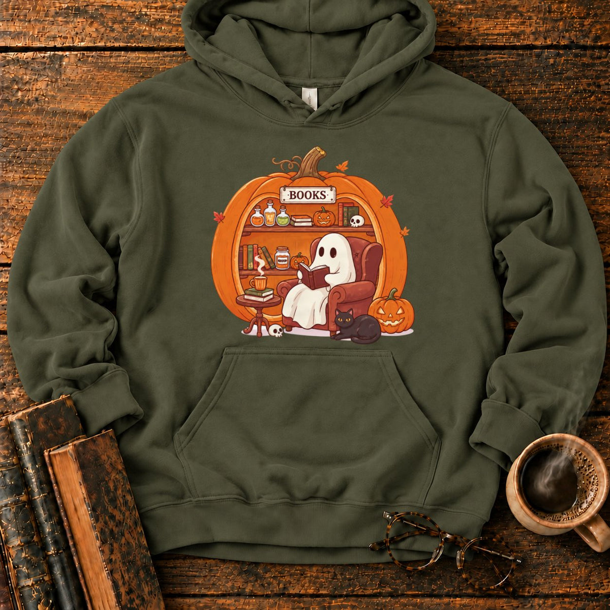 Cozy Pumpkin Library With Ghost And Cat Hoodie in Military Green – BooksThreads