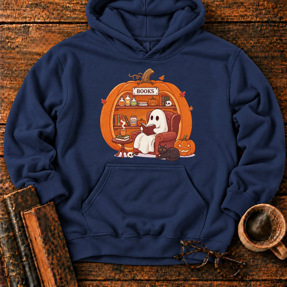 Cozy Pumpkin Library With Ghost And Cat Hoodie in Navy – BooksThreads