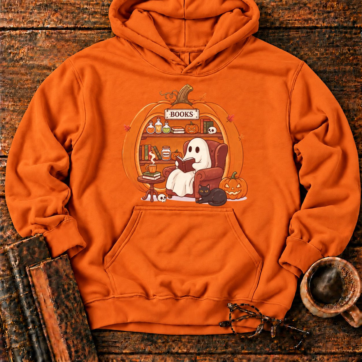 Cozy Pumpkin Library With Ghost And Cat Hoodie in Orange – BooksThreads