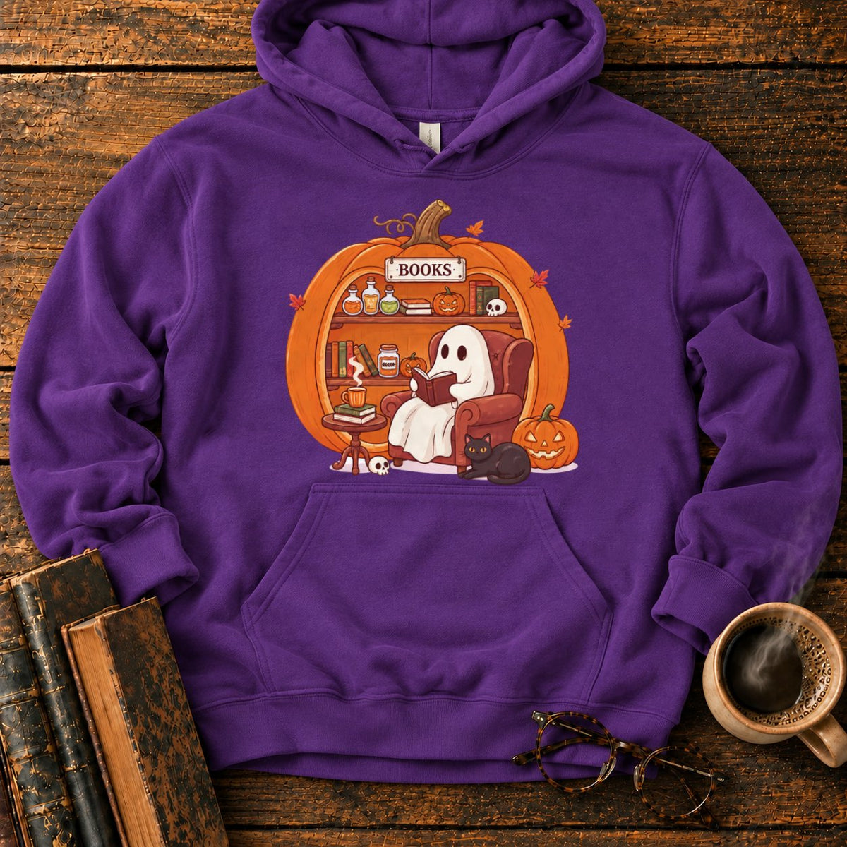 Cozy Pumpkin Library With Ghost And Cat Hoodie in Purple – BooksThreads