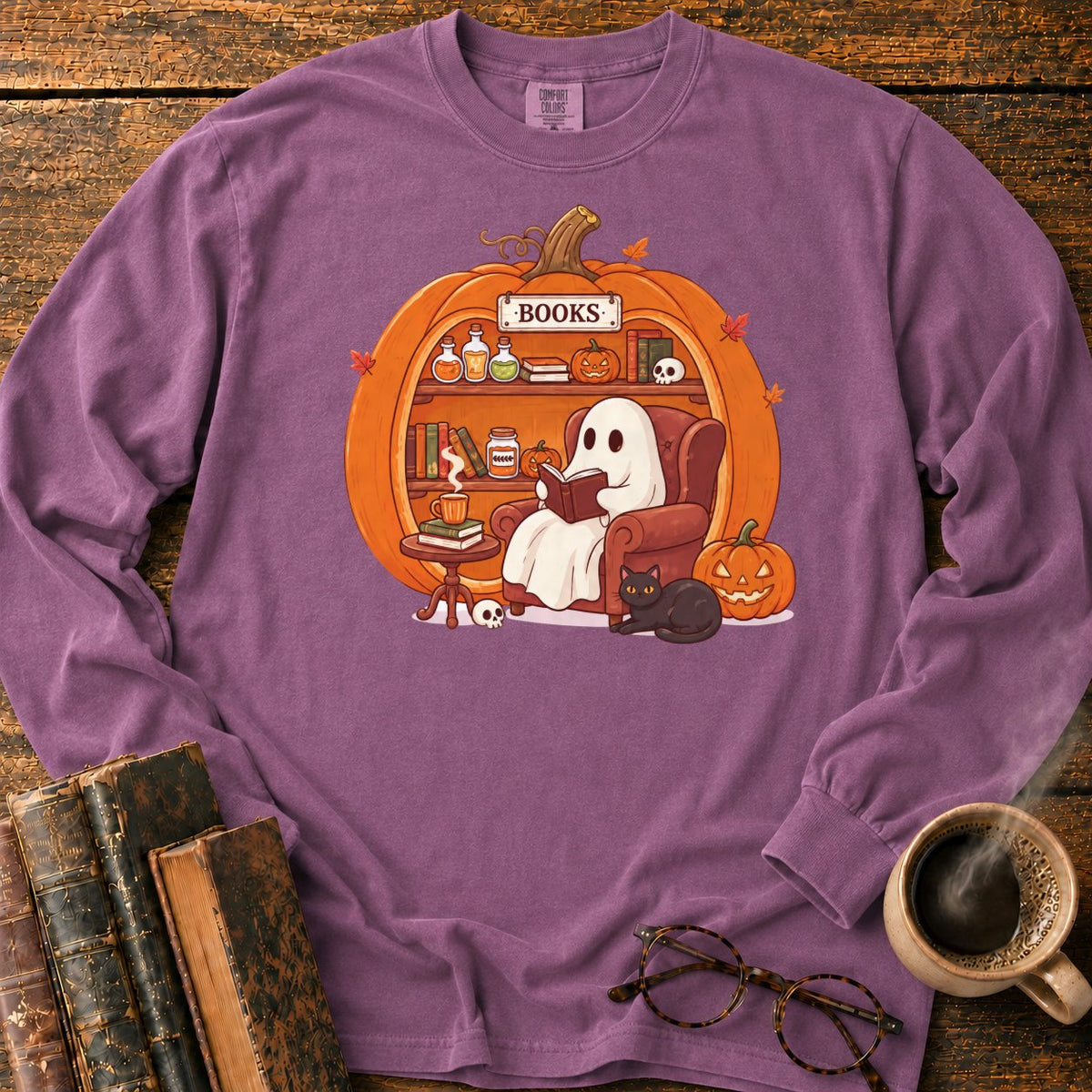 Cozy Pumpkin Library With Ghost And Cat LS T-Shirt in Berry – BooksThreads