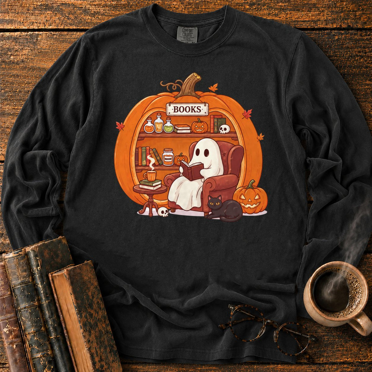 Cozy Pumpkin Library With Ghost And Cat LS T-Shirt in Black – BooksThreads