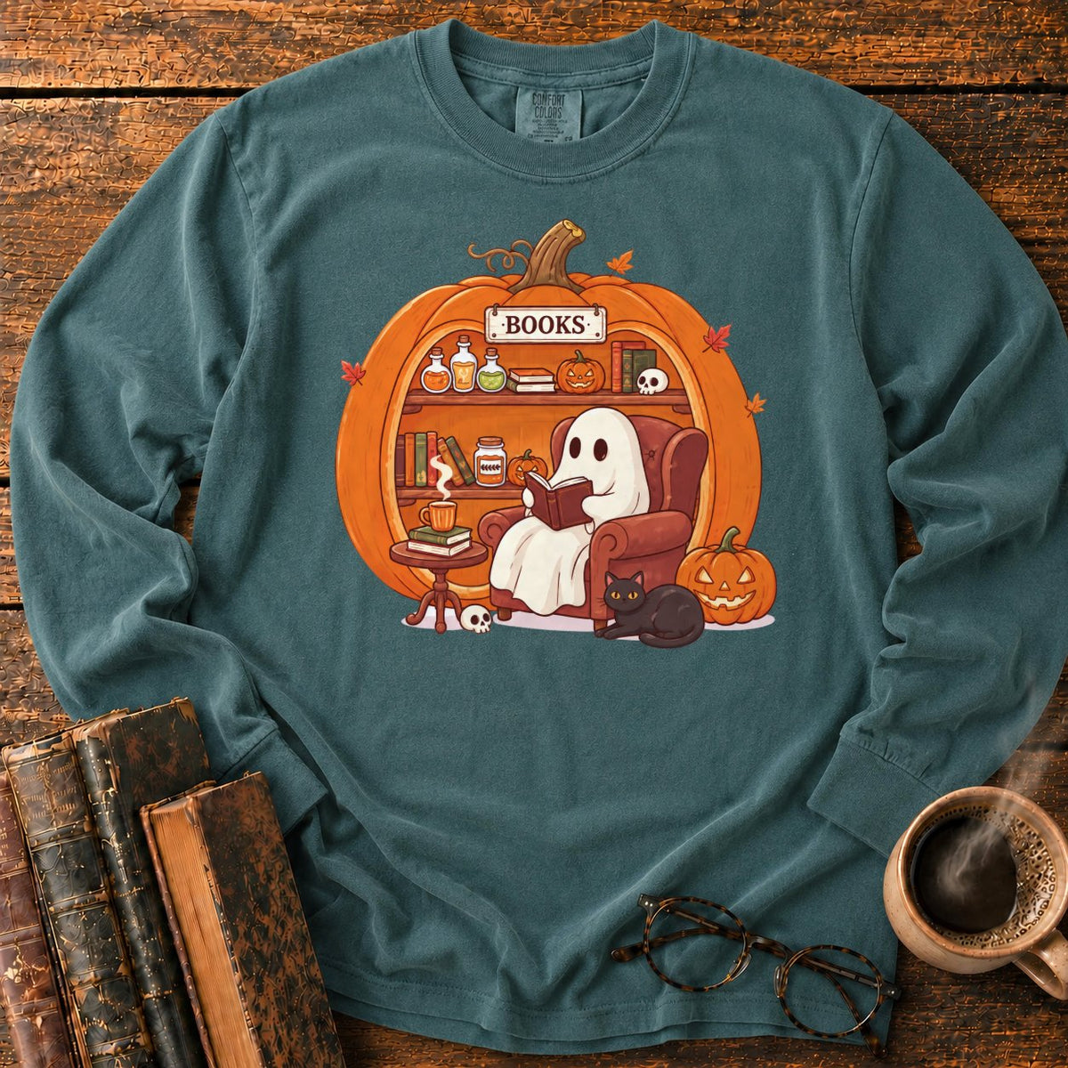 Cozy Pumpkin Library With Ghost And Cat LS T-Shirt in Blue Spruce – BooksThreads