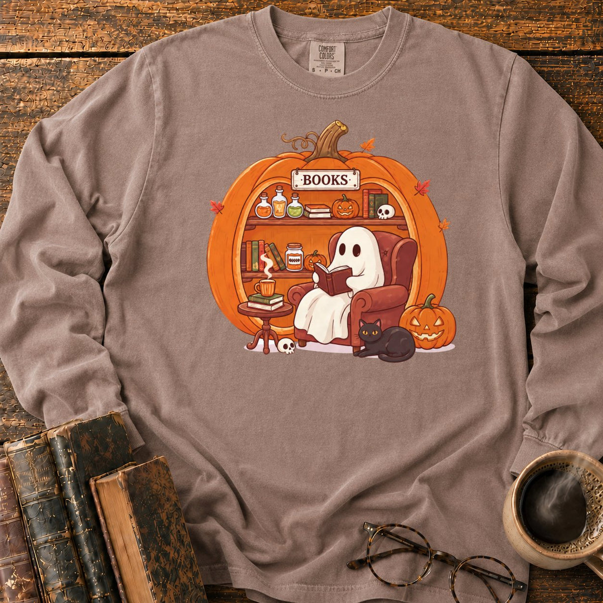 Cozy Pumpkin Library With Ghost And Cat LS T-Shirt in Espresso – BooksThreads
