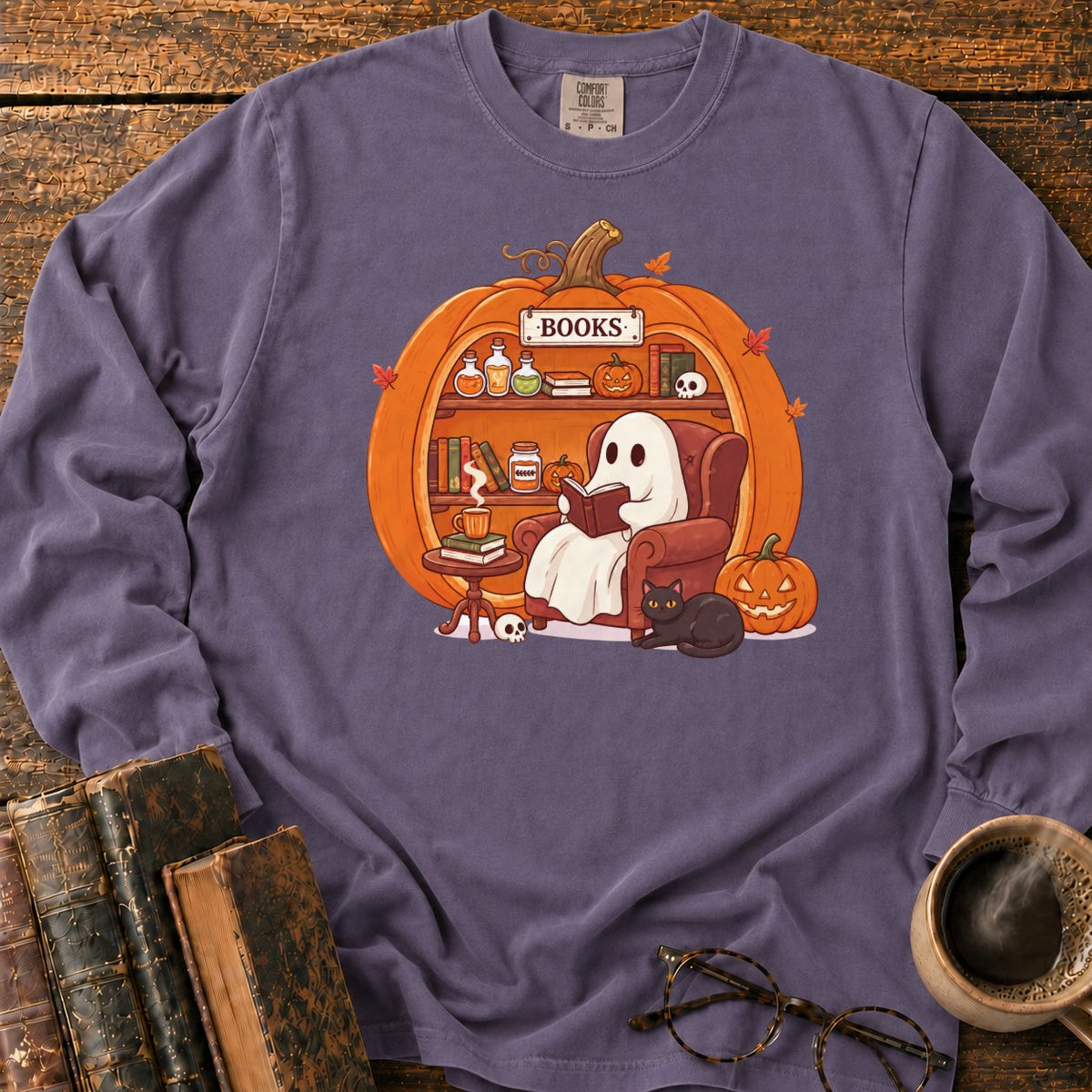Cozy Pumpkin Library With Ghost And Cat LS T-Shirt in Grape – BooksThreads