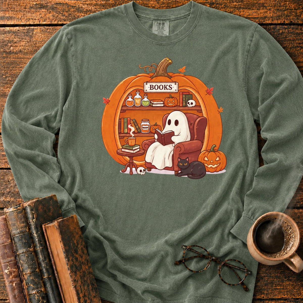 Cozy Pumpkin Library With Ghost And Cat LS T-Shirt in Hemp – BooksThreads