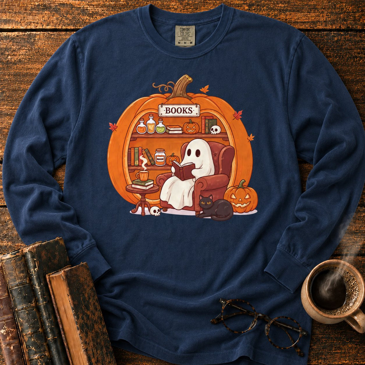 Cozy Pumpkin Library With Ghost And Cat LS T-Shirt in Midnight – BooksThreads