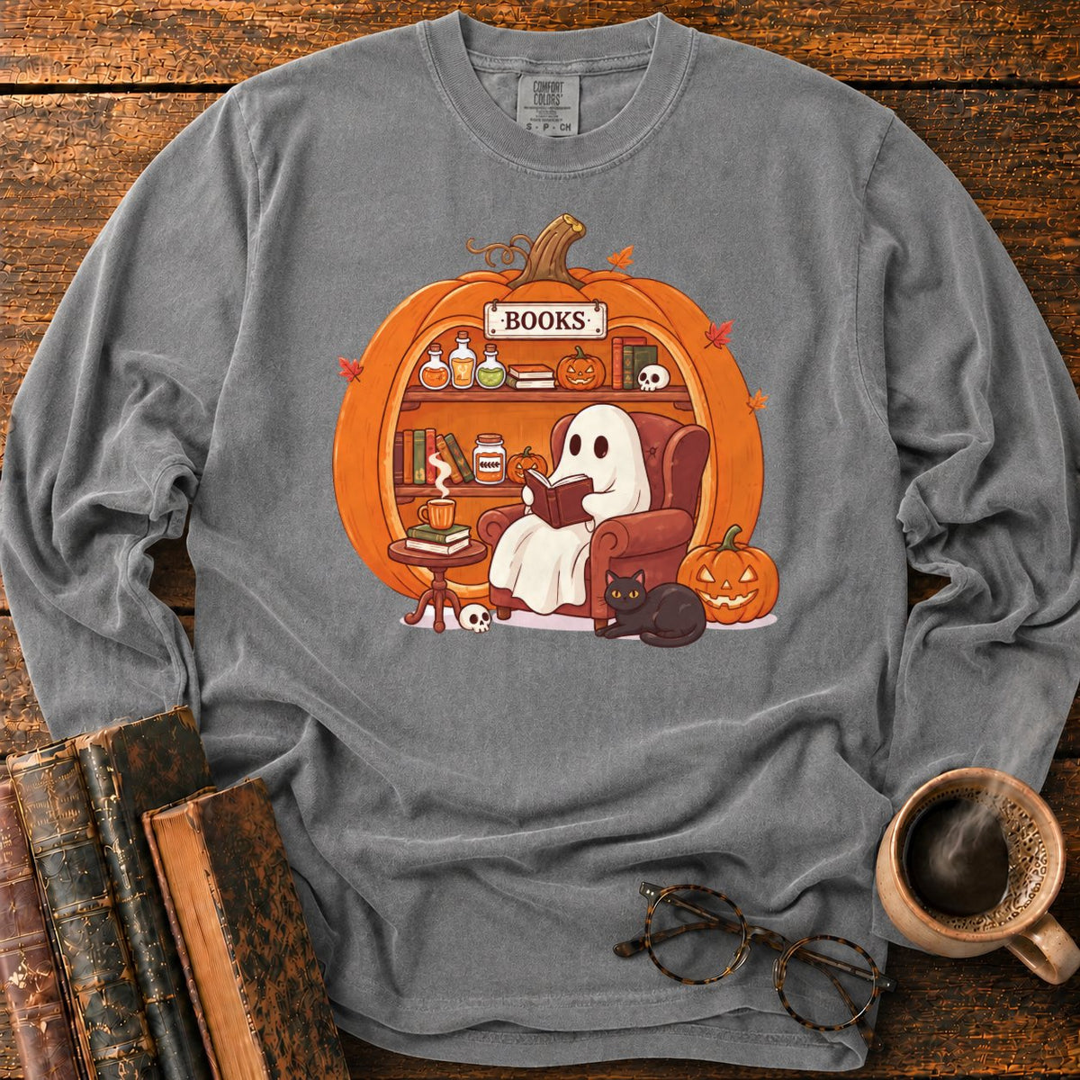 Cozy Pumpkin Library With Ghost And Cat LS T-Shirt in Pepper – BooksThreads