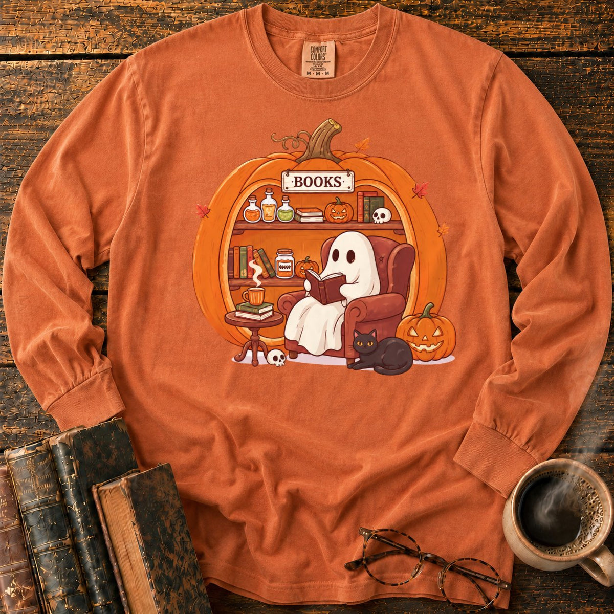 Cozy Pumpkin Library With Ghost And Cat LS T-Shirt in Yam – BooksThreads