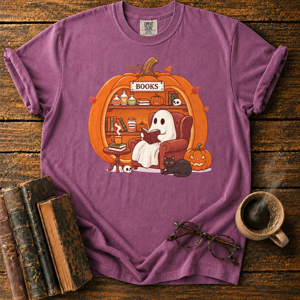 Cozy Pumpkin Library With Ghost And Cat T-Shirt in Berry – BooksThreads