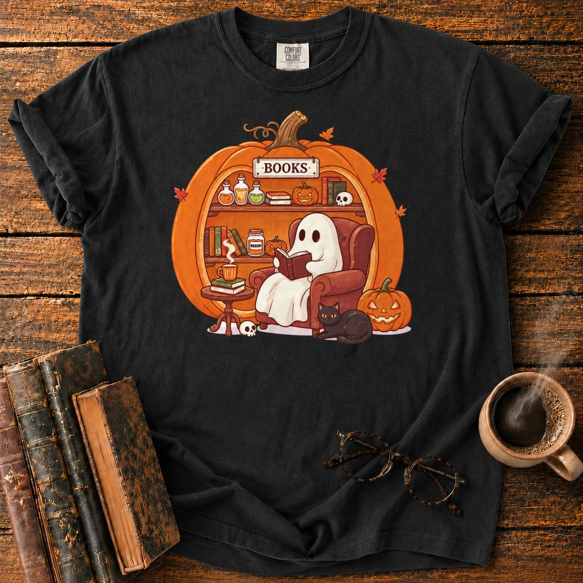 Cozy Pumpkin Library With Ghost And Cat T-Shirt in Black – BooksThreads