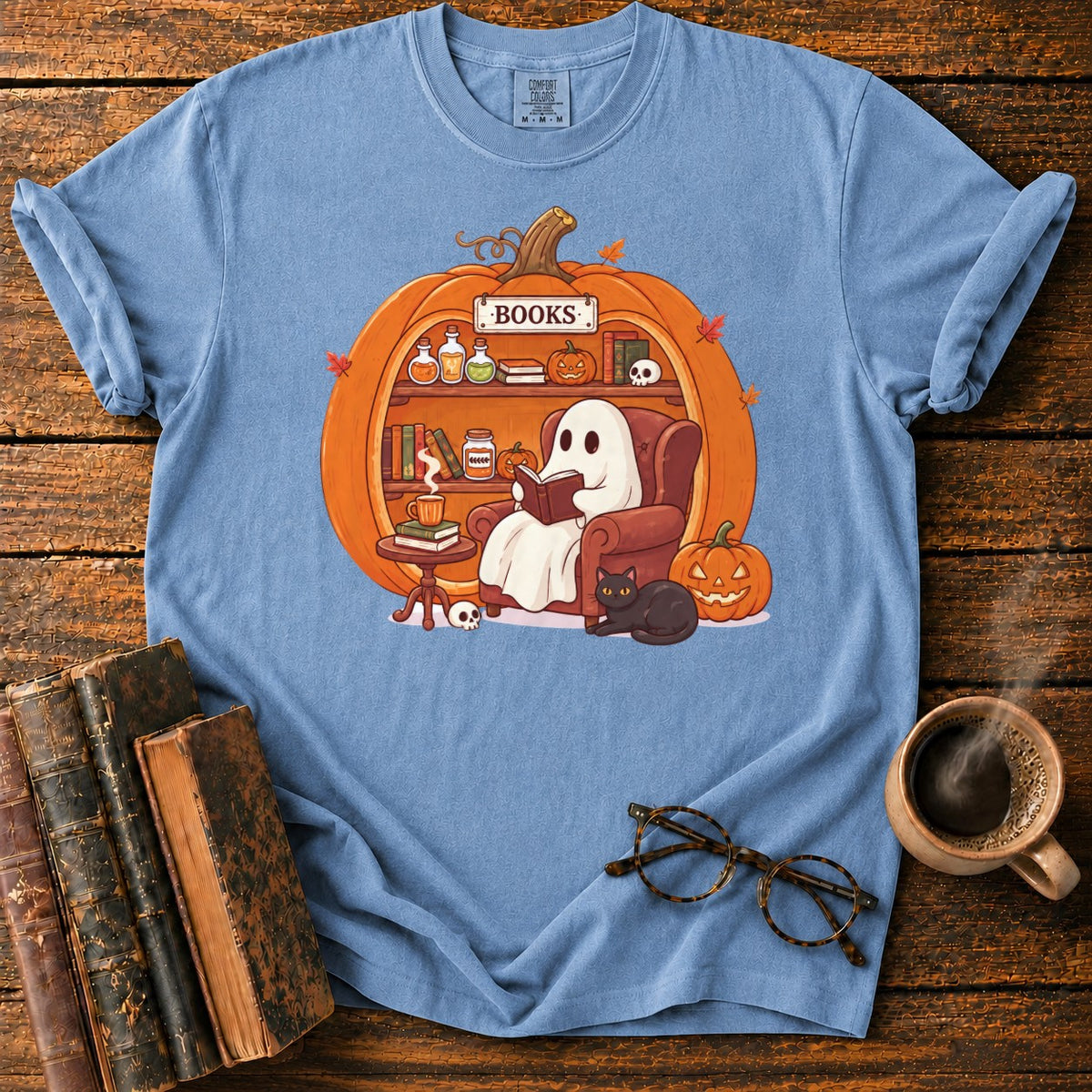 Cozy Pumpkin Library With Ghost And Cat T-Shirt in Blue Jean – BooksThreads