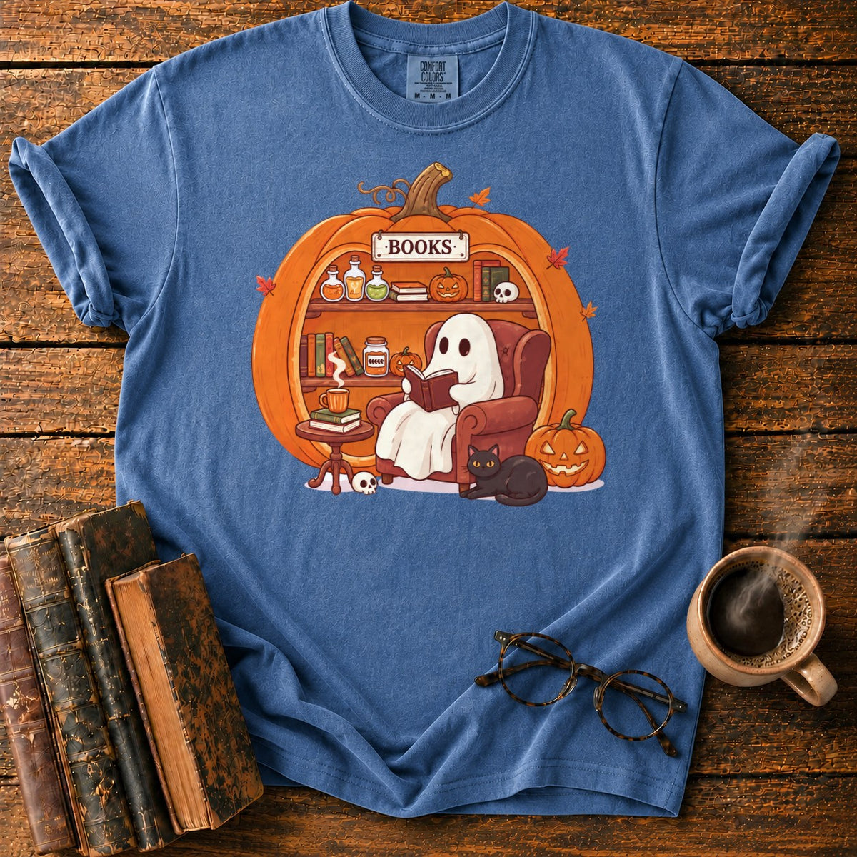 Cozy Pumpkin Library With Ghost And Cat T-Shirt in Denim – BooksThreads