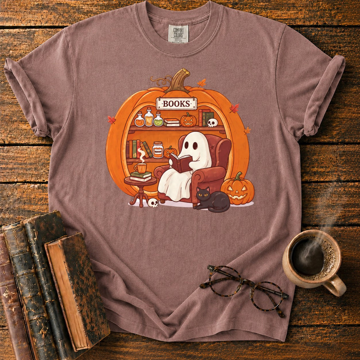 Cozy Pumpkin Library With Ghost And Cat T-Shirt in Espresso – BooksThreads