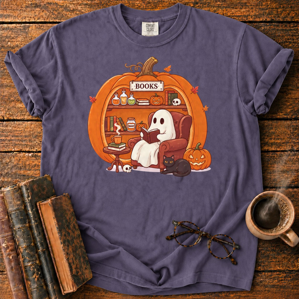 Cozy Pumpkin Library With Ghost And Cat T-Shirt in Grape – BooksThreads